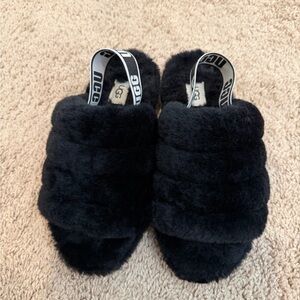 UGG Black Plush Shearling Slide Sandals